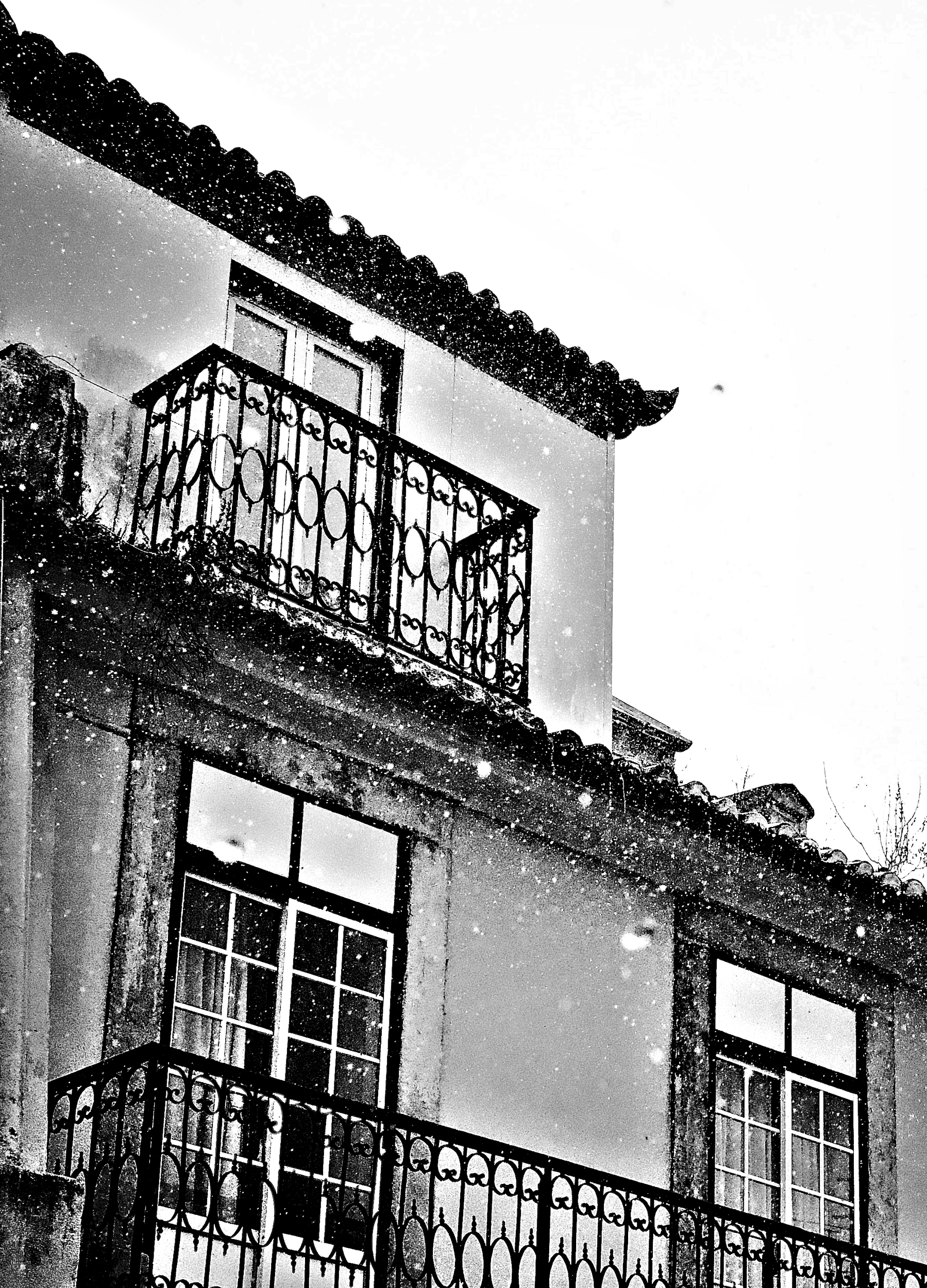 A black and white photograph captures a building facade with ornate balconies and a snowfall in progress.