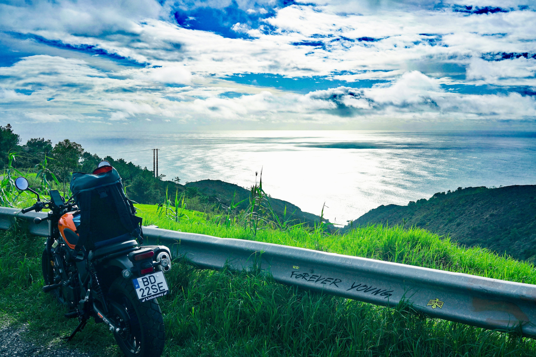 A motorcycle is parked by a grassy hillside overlooking a bright, expansive ocean under a partially cloudy sky, with FOREVER YOUNG written on the guardrail.